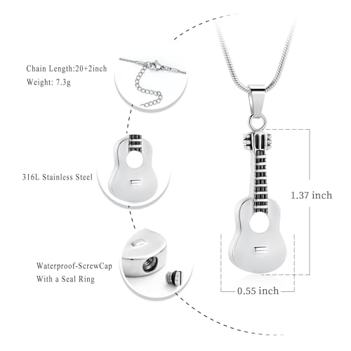 Oinsi Guitar Urn Necklace for Ashes Cremation Pendants Jewelry Ashes Holder Memorial Urn Necklace Cremation Jewelry for Human with Filling Kits Silver