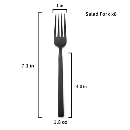 Alata Cube Black 8-Piece 7.1 Inches Forged Salad Forks Stainless Steel, Matte Satin Polished Cutlery Set, Dishwasher Safe