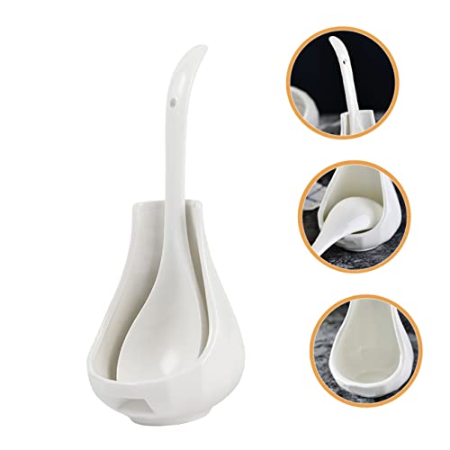 COLLBATH Ceramic Soup Spoon Rest Set Large Rice Spoon and Porridge with Utensil Holder 8.85 in Porcelain Ladle for Serving Soups Snacks Desserts Kitchen Dining Restaurants
