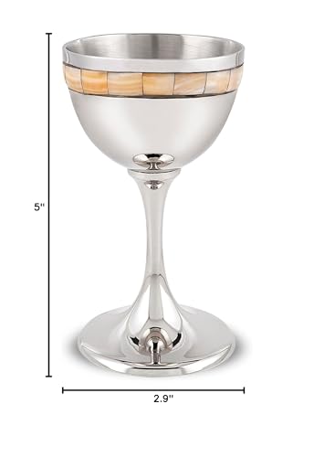Zion Judaica Luxurious Ivory Natural Pearls Kiddush Cup 5" Shabbat Wine Goblet Nickel Inlaid Cream Pearl Tiles 4 oz Passover Seder Wine Cup for Bar/Bat Mitzvah Wedding Beautiful Shabbat Cup of Elijah