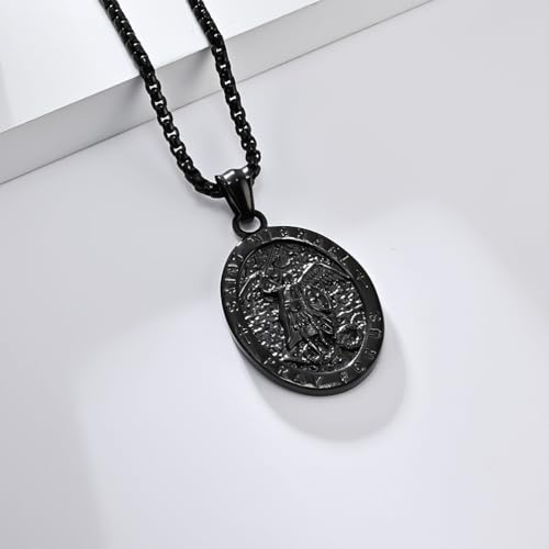 St Michael Pendant for Men Stainless Steel Archangel Necklace Amulet A-black-60cm chain