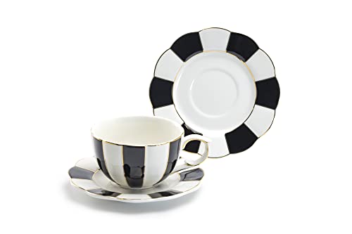 Grace Teaware Black and White Scallop Fine Porcelain Tea Cup and Saucer with Gold Trim