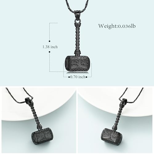 Imrsanl Viking Thor's Hammer Urn Necklace for Ashes Tree of Life Cremation Jewelry Ashes Holder Keepsake Human Memorial Pendant for Women Men Black