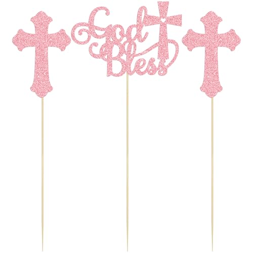Gyufise 12Pcs God Bless and Cross Centerpiece Sticks Double Sided Cross God Bless Table Flower Centerpieces Sticks First Communion Baptism Decorations for God Bless Theme Party Supplies Pink
