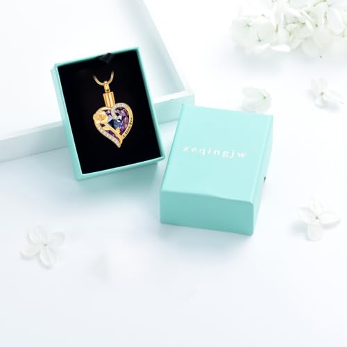 Heart Urn Necklace for Ashes Flower Crystals Cremation Jewelry for Women Purple-Gold