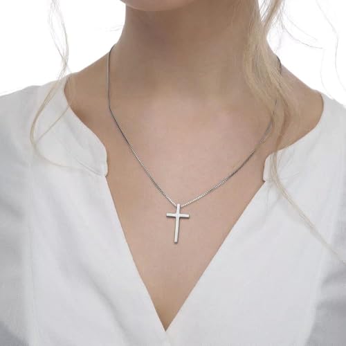 TINGN Stainless Steel Cross Pendant Necklace for Men Boys, Silver Tone Chain Cross Necklace Christian Confirmation Baptism Cross Chain with 16-24 Inches Jewelry 18 inch