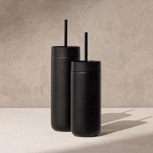 Fellow 20 oz Carter Cold Tumbler – Spill-Resistant Straw Lid, Stainless Steel Vacuum-Insulated Cup with Ceramic Interior and Reusable Straw for Cold Drinks,Fits Cup Holders,Dishwasher Safe,Matte Black Matte Black