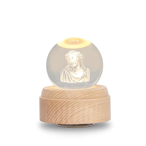 GETI 3D Crystal Ball Music Box Luxurious LED Projection Rotating Wood Base Rechargeable San Judas Tadeo, Virgin Mary for Adults and Kids Plays Spirited Away (Jesus Cristo (Jesus Christ))