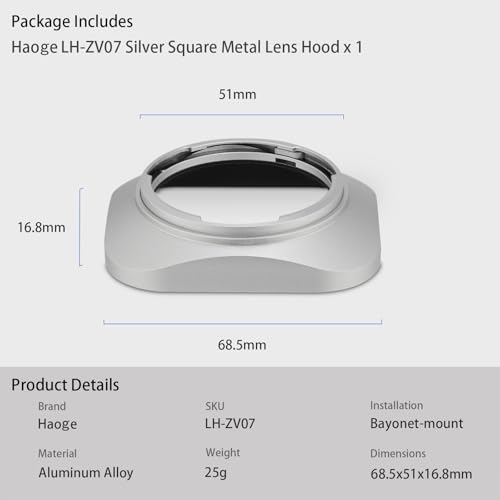 Haoge LH-ZV07 Square Metal Lens Hood for Carl Zeiss Biogon T* 2/35 35mm f2 ZM, C Biogon 2.8/35 35mm f2.8 ZM, Planar T 2/50 50mm f2 ZM; Voigtlander NOKTON Classic 35mm f1.4 VM, 40mm f1.4 VM as LH-6 [Square - Silver]