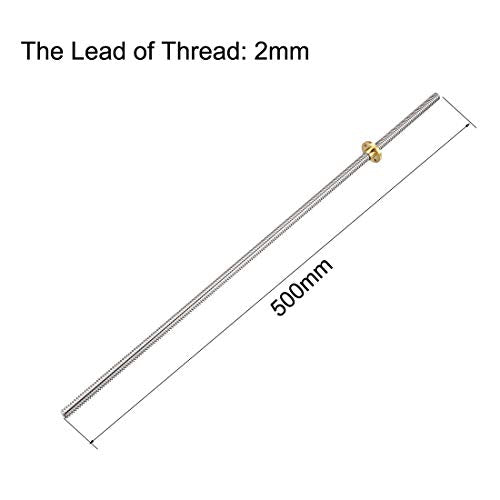 sourcing map 500mm Length T8 8mm Dia Lead Screw Rod,2 Lead Stainless Steel Lead Screw Rod With Copper Nut Trapezoidal Thread for 3D Printer Z Axis