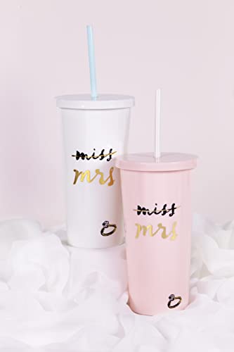 kate spade new york Acrylic Bridal Tumbler with Lid and Straw, 20 oz Tumbler for Bride to Be, Slim Double Wall Tumbler, Miss to Mrs. (White) (Pack of 2) 20 Ounces (Pack of 2)