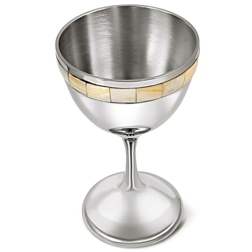 Zion Judaica Luxurious Ivory Natural Pearls Kiddush Cup 5" Shabbat Wine Goblet Nickel Inlaid Cream Pearl Tiles 4 oz Passover Seder Wine Cup for Bar/Bat Mitzvah Wedding Beautiful Shabbat Cup of Elijah