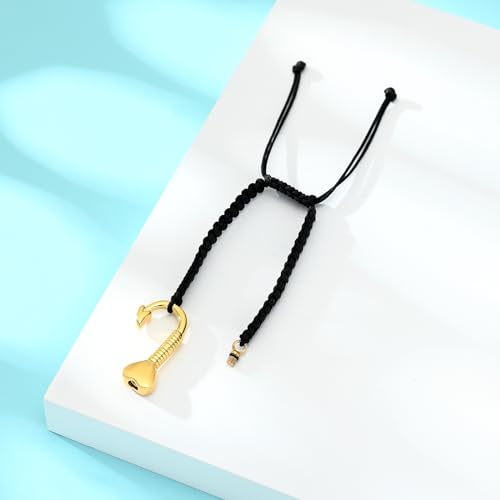 zeqingjw Cremation Ashes Keepsake Heart Fish Hook Urn Bracelet for Ashes Adjustable Black Braided Rope Cremation Bangle Urn Jewelry for Men Women Gold