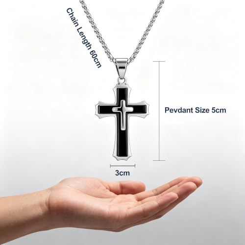 Mens Cross Necklace, Stainless Steel 3D Layered Cross Pendant Chain for Men