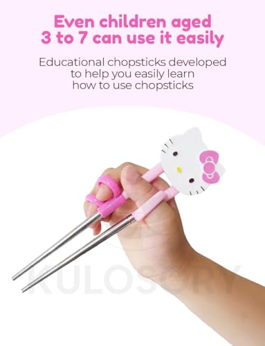 KULOSORY Kitty Change Stainless Steel Training Chopsticks for Right Hand, 1 step (Made in Korea), Small, Pink, HK6126