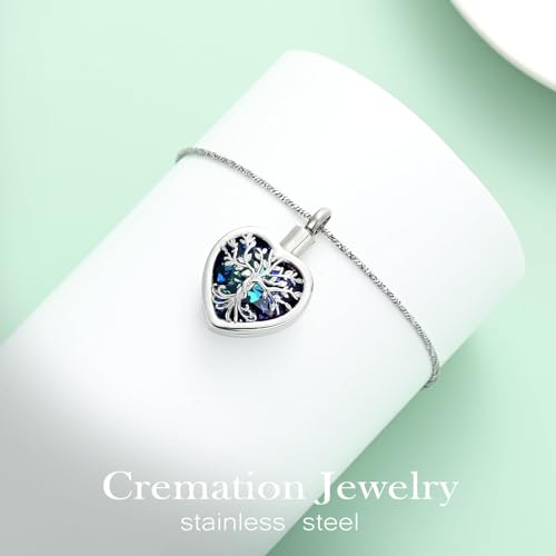 Tree of Life Urn Necklaces for Ashes Celtic Heart Cremation Jewelry Memorial Keepsake Jewelry w/Funnel Filler Gifts for Women Men Silver-blue