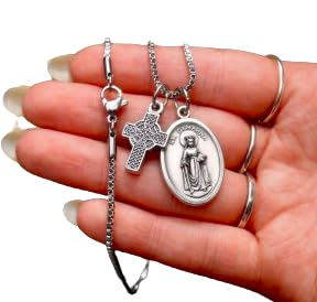 Saint Dymphna Necklace, Irish Saint Dymphna, Patron of Anxiety & Depression, Nervous and Mental Afflictions, 20" Stainless Steel Box Chain