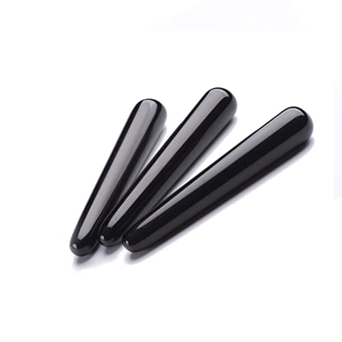 AMOYSTONE Black Obsidian Massage Stick Gemstone Massage Treatment Tool 4 Inch (Pack of 2)