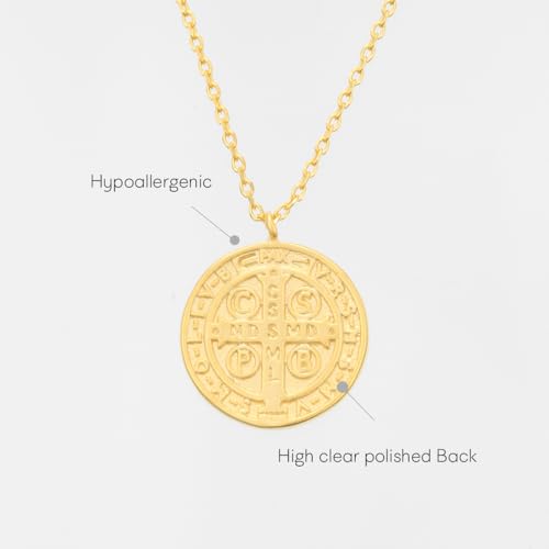 MUSTHAVE ST. Benedict Coin 18K Gold Plated Necklace With Message Card, Yellow and White Color, Anchor Chain, Best Gift Necklace, Size 16 inch + 2 inch Extender, Pendant Yellow Gold
