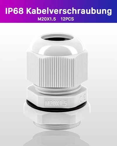 Pack of 12 Cable Glands, M20 Cable Gland, Waterproof | Nylon cable grommet, waterproof, IP68 white cable glands set with locking nut plastic
