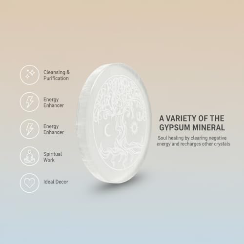 Selenite Crystal Charging Plate - Engraved Tree of Life Healing Stones Coaster - 3" Round Disc for Home and Office Table Decor - Crystals and Healing Stones 3 Inch