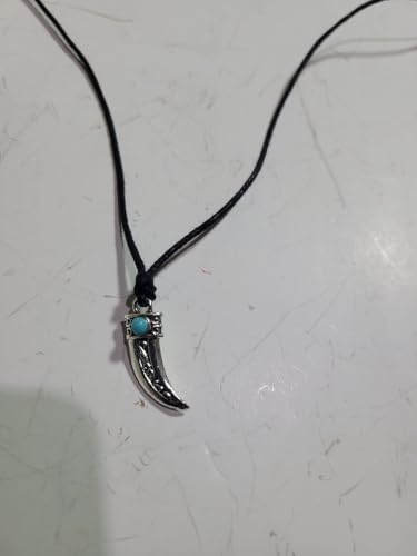 Adjustable Necklace 80-42 cm with Teeth with Stone Turquoise Imitation Wolf Teeth Lion Tiger Lion Leopard Jaguar Black Panther Felines 2 cm High Ethnic Tribal Made in Italy