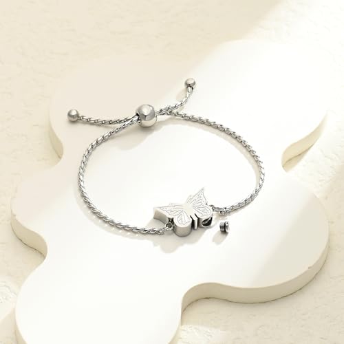 Butterfly Urn Bracelet for Ashes for Women Men Stainless Steel Adjustable Link Urn Bracelet Cremation Jewelry Memorial Keepsake Ashes Holder Silver