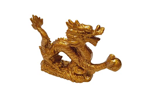 DMtse Chinese Feng Shui Dragon Lucky Golden Color Figurine Statue for Luck & Success 4 inch Long with Box