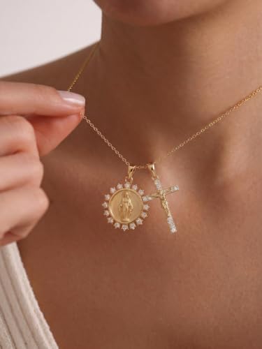 14K Gold Plated Virgin Mary Necklace for Women, S925 Sterling Silver Miraculous Medal Necklace for Mom, Cross Pendant, Baptism Jewelry Gift for Her Gold 8