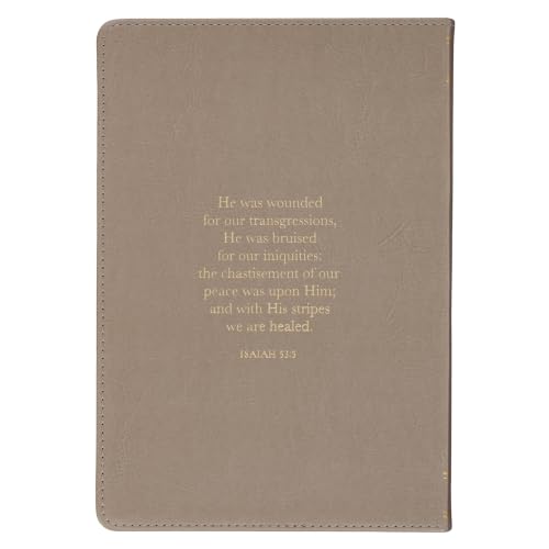 Christian Art Gifts Classic Journal Amazing Grace Isa. 53:5 Bible Verse, Inspirational Scripture Notebook, Ribbon Marker, Taupe Vegan Leather Flexcover, 336 Ruled Pages, (8.6” x 6.1” x .9”)