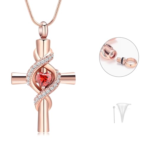 Infinity Urn Necklace for Ashes Cross Cremation Jewelry Memorial Necklace Birthstone Pendant Stainless Steel Urn for Ashe Lockets Keepsake Necklace for Pet Dog Ashes Holder Rose-Red