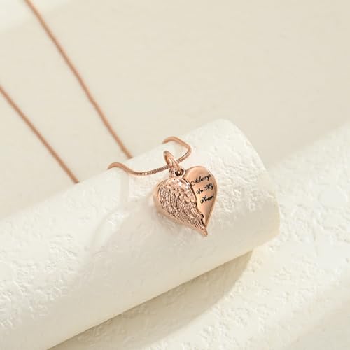 Cremation Jewelry Angel Wing Stainless Steel Heart Urn Necklaces for Ashes Memorial Keepsake Pendant for Women Men Rose Gold