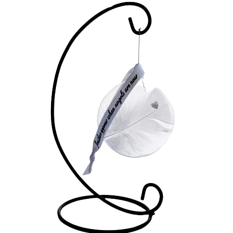 Heart Stamped Real White Feather in Glass Round Bauble Plus Black Display Stand. Christmas Tree Hanging Decoration. Spiritual Angel Gift