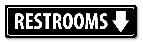 MG1080 Aluminum Sign LARGE 24 in x 6 in: RESTROOMS. ARROW DOWN (black/white) Style 1 LARGE-Aluminum-Style 1 BLACK Down Arr
