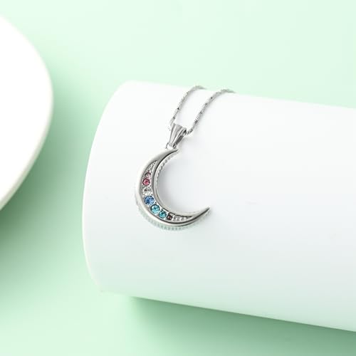 Yinplsmemory Cremation Jewelry Crescent Moon Urn Ashes Necklace for Women Men Memorial Human Pet Ashes Holder Pendant Necklace Rainbow