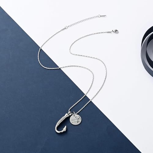 constantlife Cremation Jewelry for Ashes Urn Memorial Necklace Fish Hook Design Stainless Steel Pendant Keepsake Ashes Holder Always In My Heart-Silver