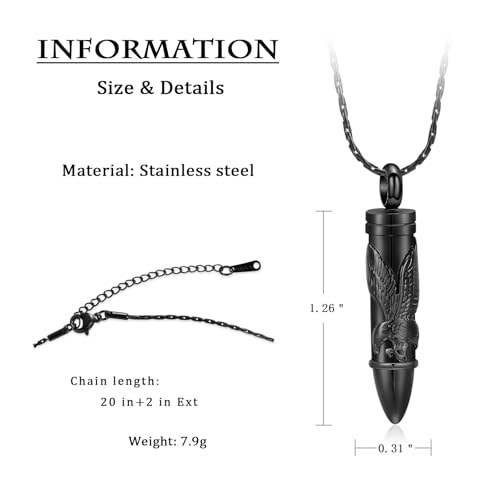 constantlife Bullet Urn Necklace for Ashes for Women Men Eagle Memorial Pendant Cremation Jewelry Human Pet Ashes Holder Keepsake Black