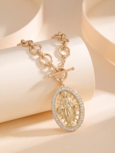 Virgin Mary Necklace Gold with OT Chain, 925 Sterling Silver Miraculous Medal Necklace for Women, Catholic Jewelry Virgin Mary Pendant Mother Mary Necklace Religious Gift Gold-010