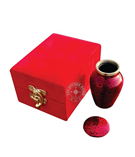Mini Red Keepsake Urn for Human Ashes – Small Brass Cremation Urn with Velvet Box – Handcrafted Memorial Urn for Adults – Celebration of Life Funeral Urn