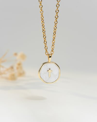 Unique 18K Cross Necklace with Real Gold Bible Verse Card,Inspirational Christian Baptism Christmas Gifts for Women Her Teens White