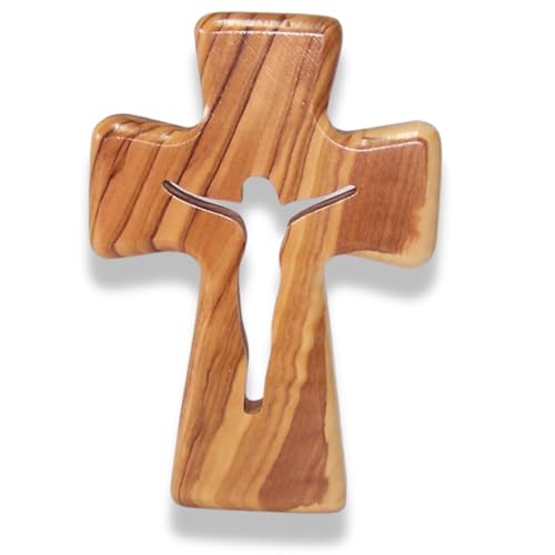 Wooden Pocket Cross - Bethlehem Olive Wood - 3-in-1 Design: Standing, Hanging, or Holding - Hand-Carved Jesus Silhouette - Includes Velvet Pouch, Prayer Card, & Certificate (4.2 Inches) Jesus - Savior