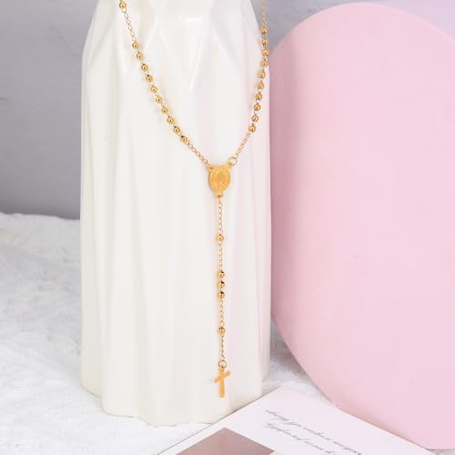 Eigso Pearl Necklaces for Men Women Rosary Catholic Necklace for Man Woman Christian Crucifix Pendant Chain Necklace A4 : 3MM Gold