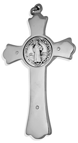 Venerare Large Saint Benedict Cross with Black Enamel Inlays Latin Style, Silver Cross