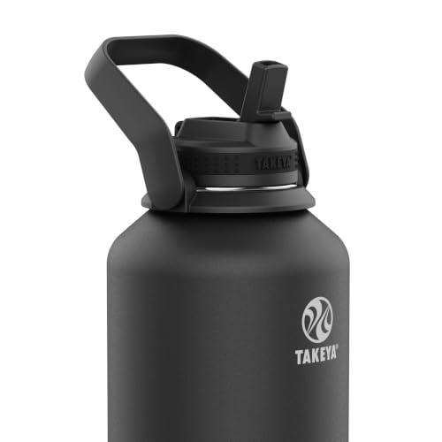 Takeya 64 oz Actives Stainless Steel Water Bottle with Straw Lid – Leakproof, Double-Wall Insulated, Keeps Drinks Cold 24 hrs/Hot 12 hrs, BPA-Free, Powder-Coated, Gym & Travel, Onyx 64 Ounces