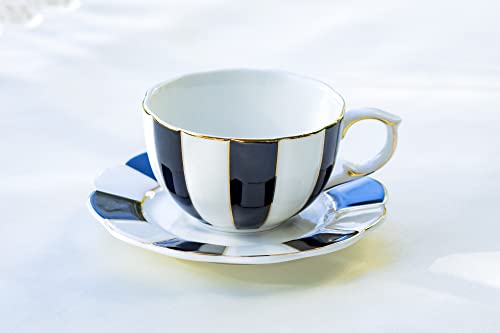 Grace Teaware Black and White Scallop Fine Porcelain Tea Cup and Saucer with Gold Trim