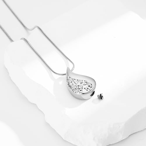 Hearbeingt Teardrop Tree of Life Urn Necklaces for Ashes Cremation Jewelry A-Silver
