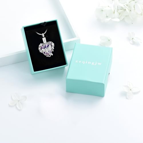 zeqingjw Butterfly Urn Necklaces for Ashes Urn Jewelry for Human Pet Ashes for Women Heart Cremation Necklace for Ashes Silver-Purple