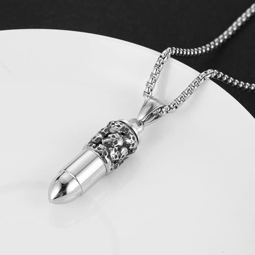 HZMAN Stainless Steel Bullet Head Cremation Memorial Urn for Ashes Human Ashes Necklace 22+2In Box Chain Skull-Silver