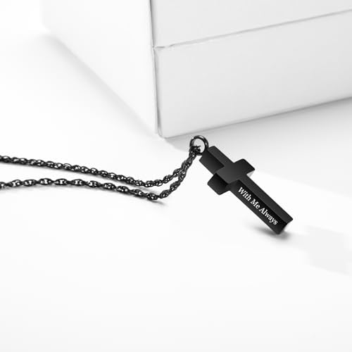 Cremation Cross Necklace for Ashes Cross Urns Locket Pendant Ashes Holder Stainless Steel Memorial Jewelry-With Me Always Black