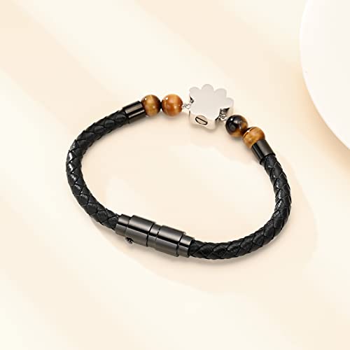 Minicremation Paw Print Urn Bracelet Cremation Jewelry Lava Stone Urn Bracelet for Ashes for Women Men Chakra Healing Balancing Genuine Leather Memorial Bracelets Black-24CM